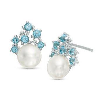 Swiss Blue Topaz and Freshwater Pearl with Diamond Accent Stud Hoops